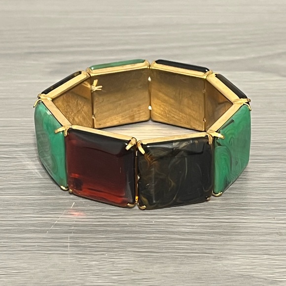 Gold and Plastic Stretch Bracelet with Swirl Design, Red, Turquoise, Brown, Boho - Picture 2 of 5